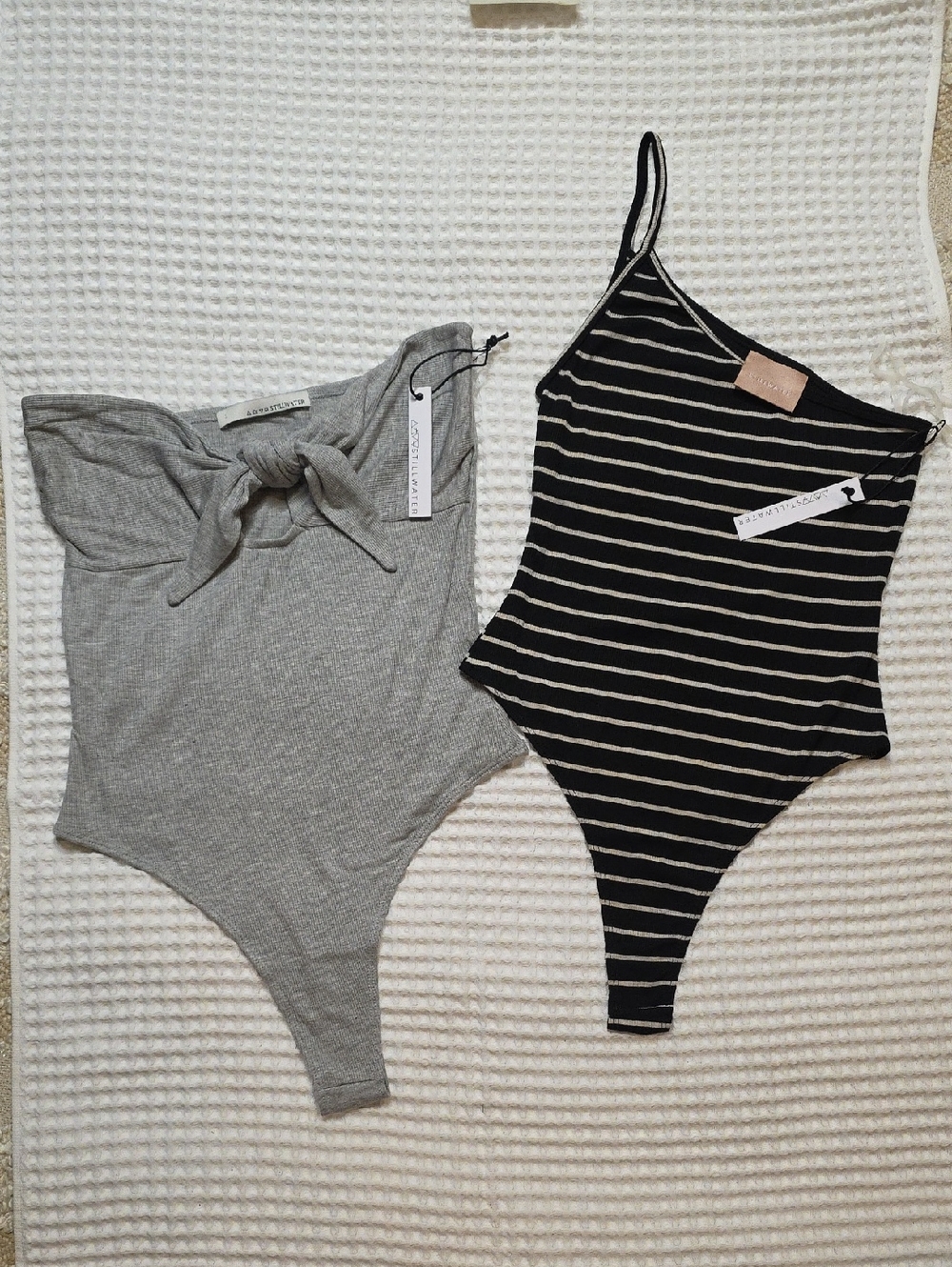New Gray Ribbed Tie-Front And Striped One- Shoulder Bodysuit- Large